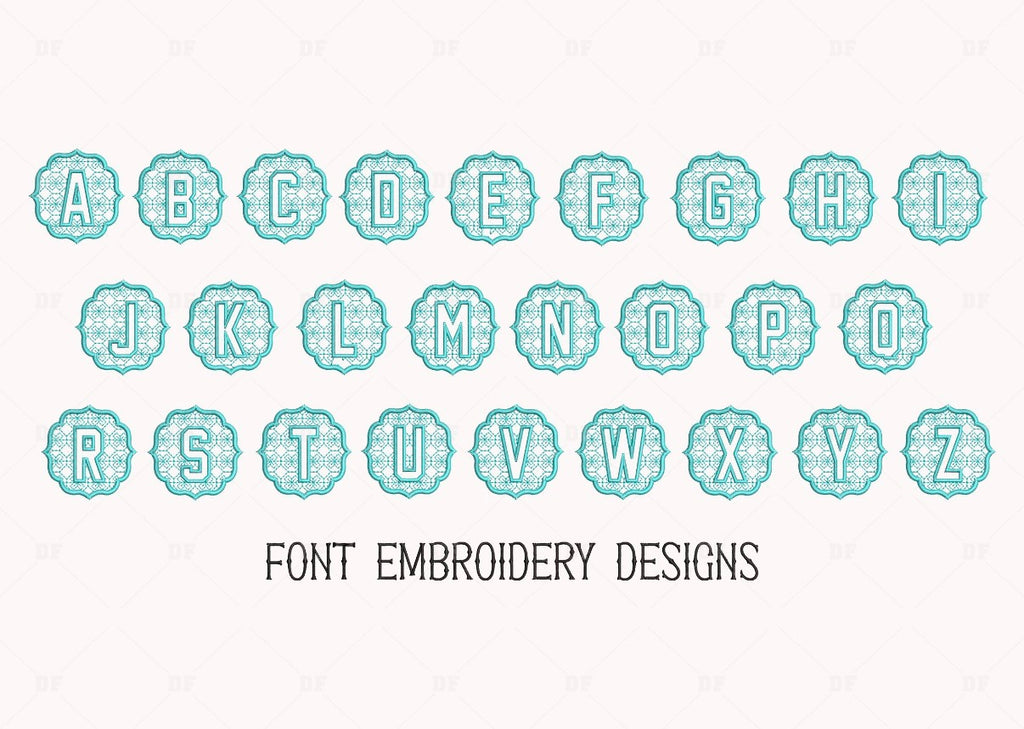 Alphabet letters with decorative embroidery patterns on a white background.
