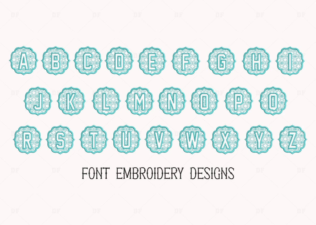Alphabet letters with decorative embroidery patterns on a white background.