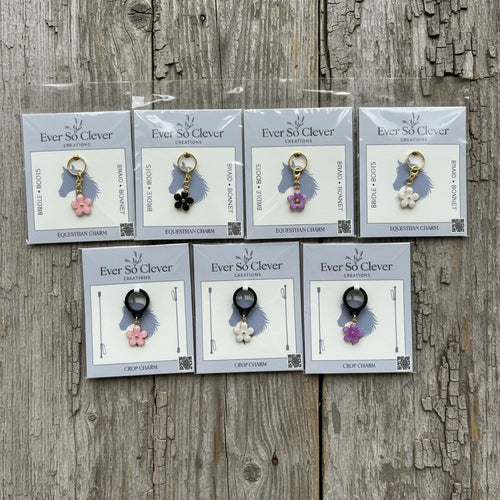 Collection of equestrian charms  in packaging on a wood background