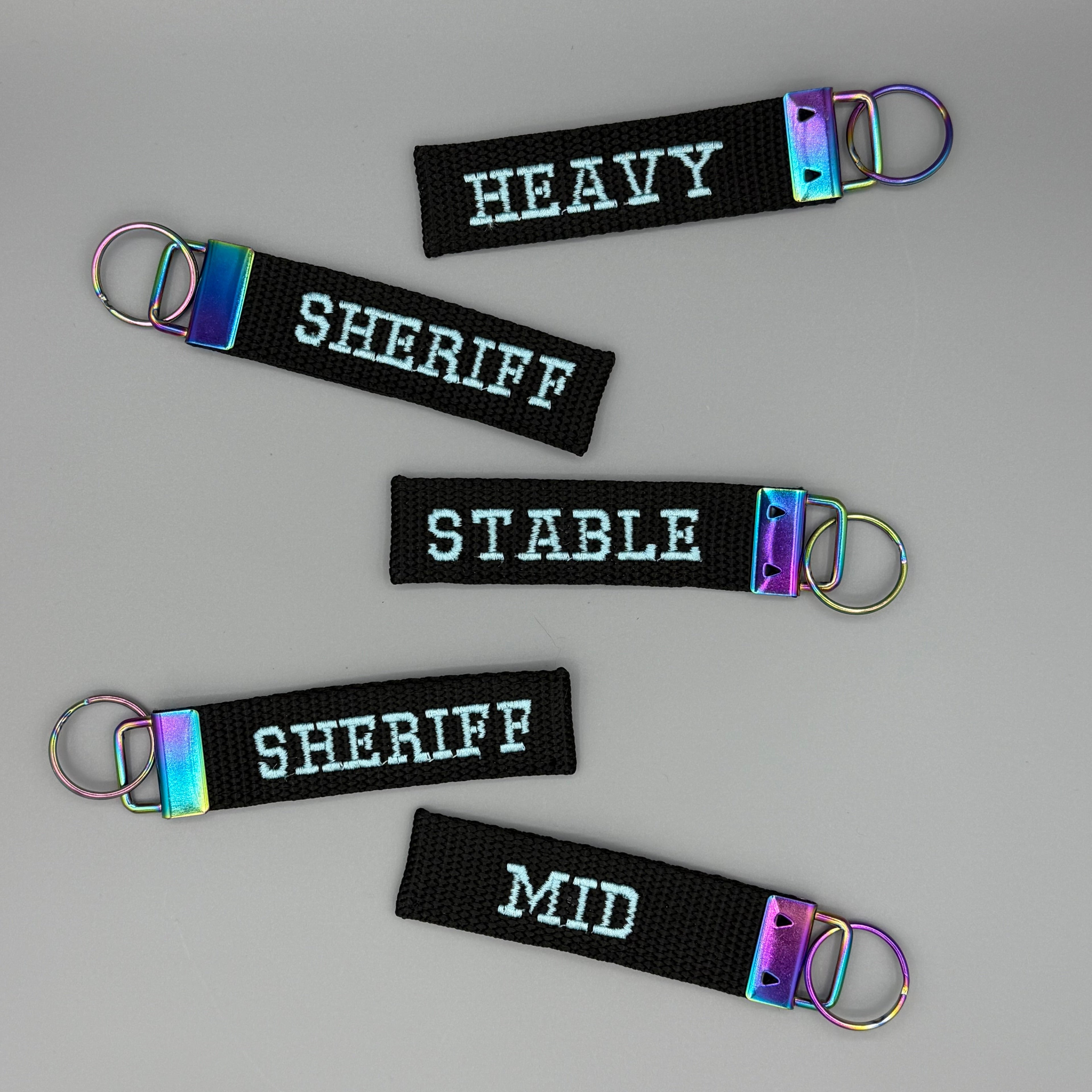 Set of horse blanket tags shown lying on grey background. Black with light blue writing and rainbow coloured hardware.