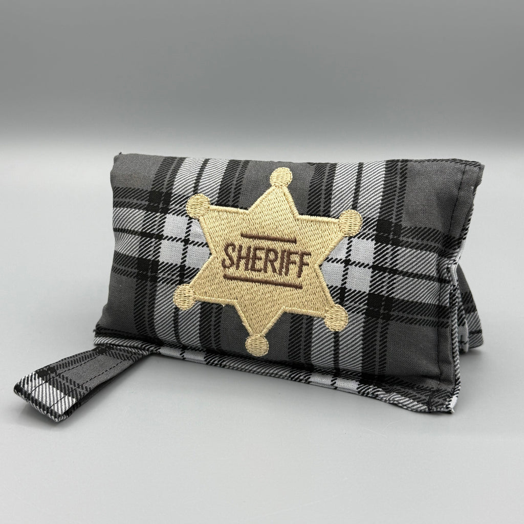 Charcoal Plaid horse bit warmer with Sheriff badge personalization on grey background