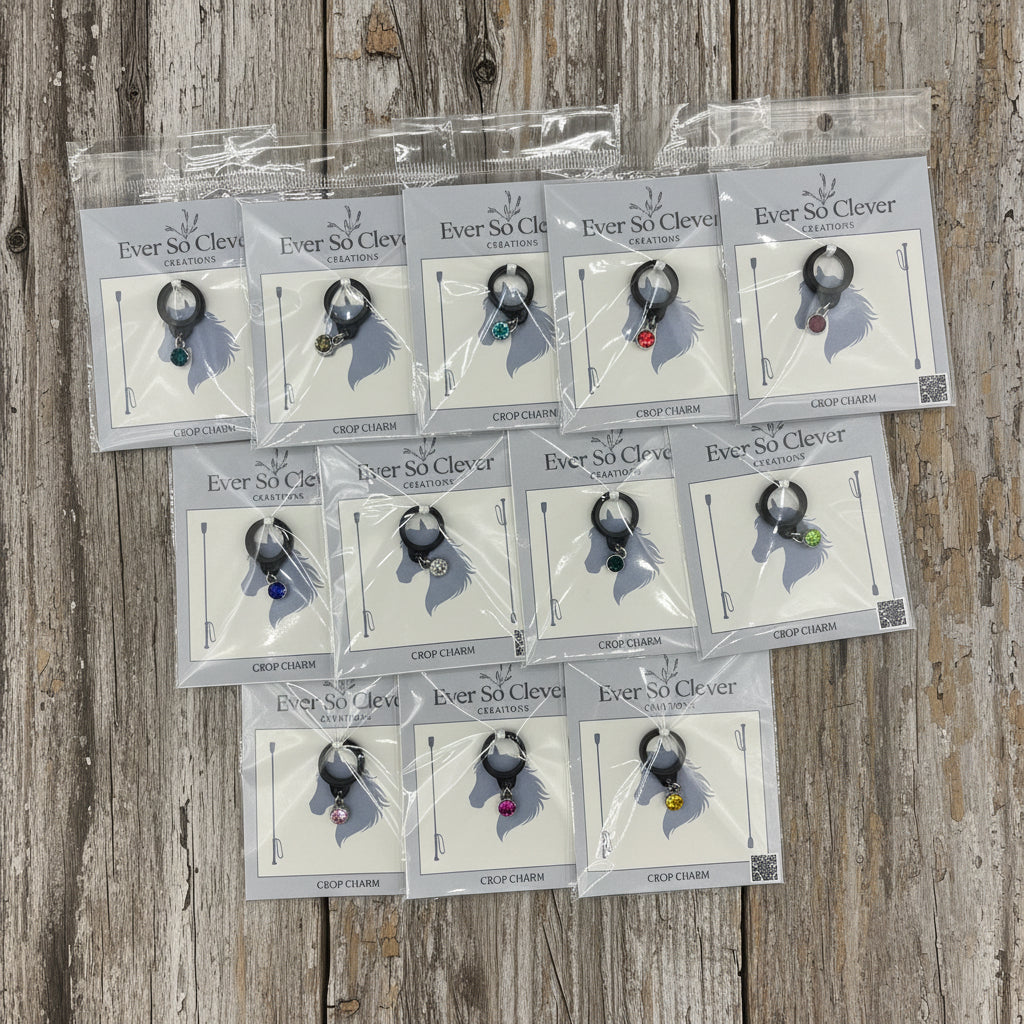 Silver gemstone crop charms in Ever So Clever Creations packaging on wood surface. 
